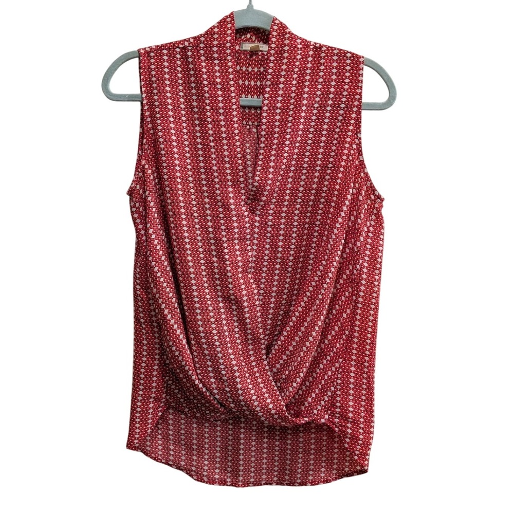 Pleione Womens Blouse XS Red Geometric Sleeveless Faux Wrap Draped Front Top